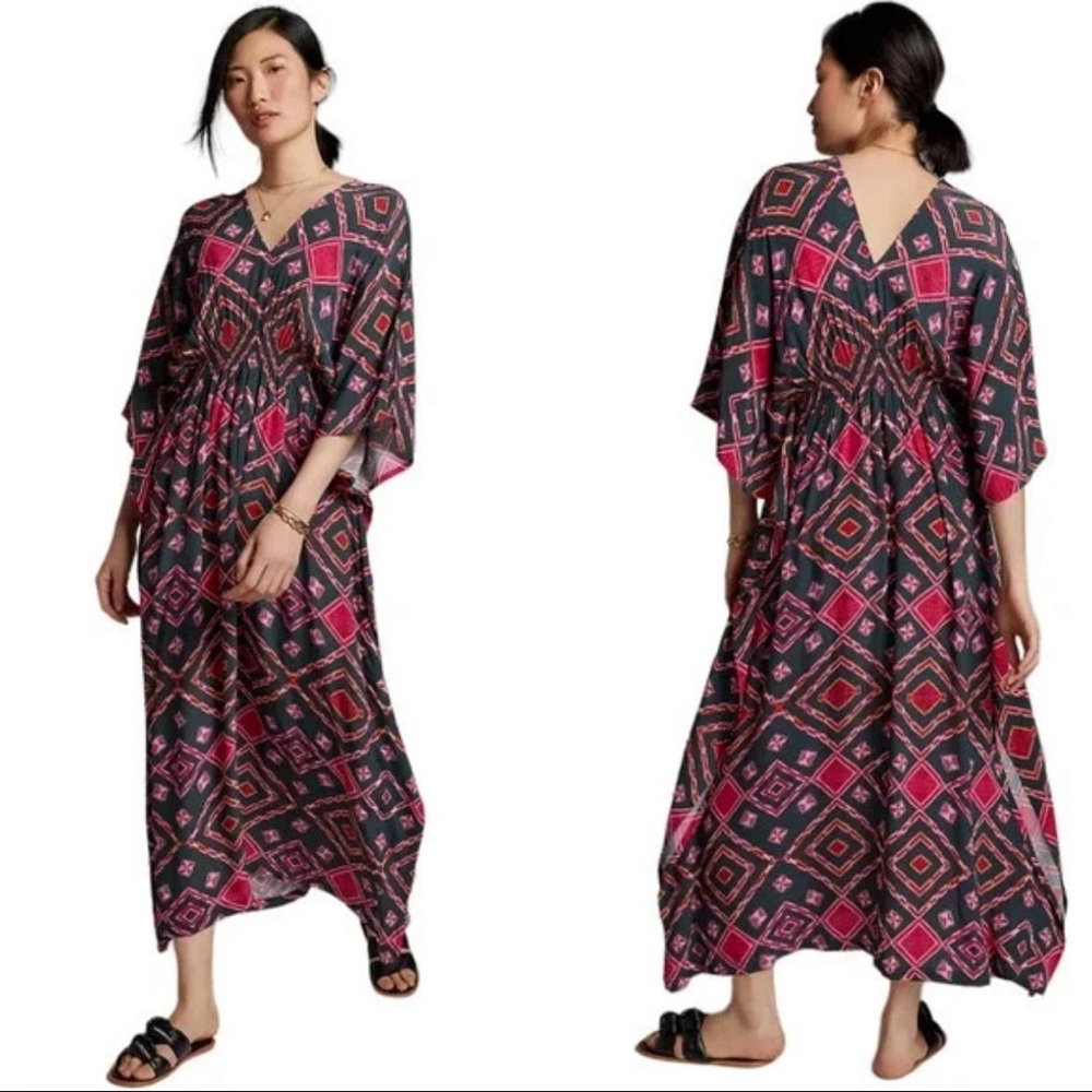 Anthropologie Pink and Black Patterned Maxi Dress